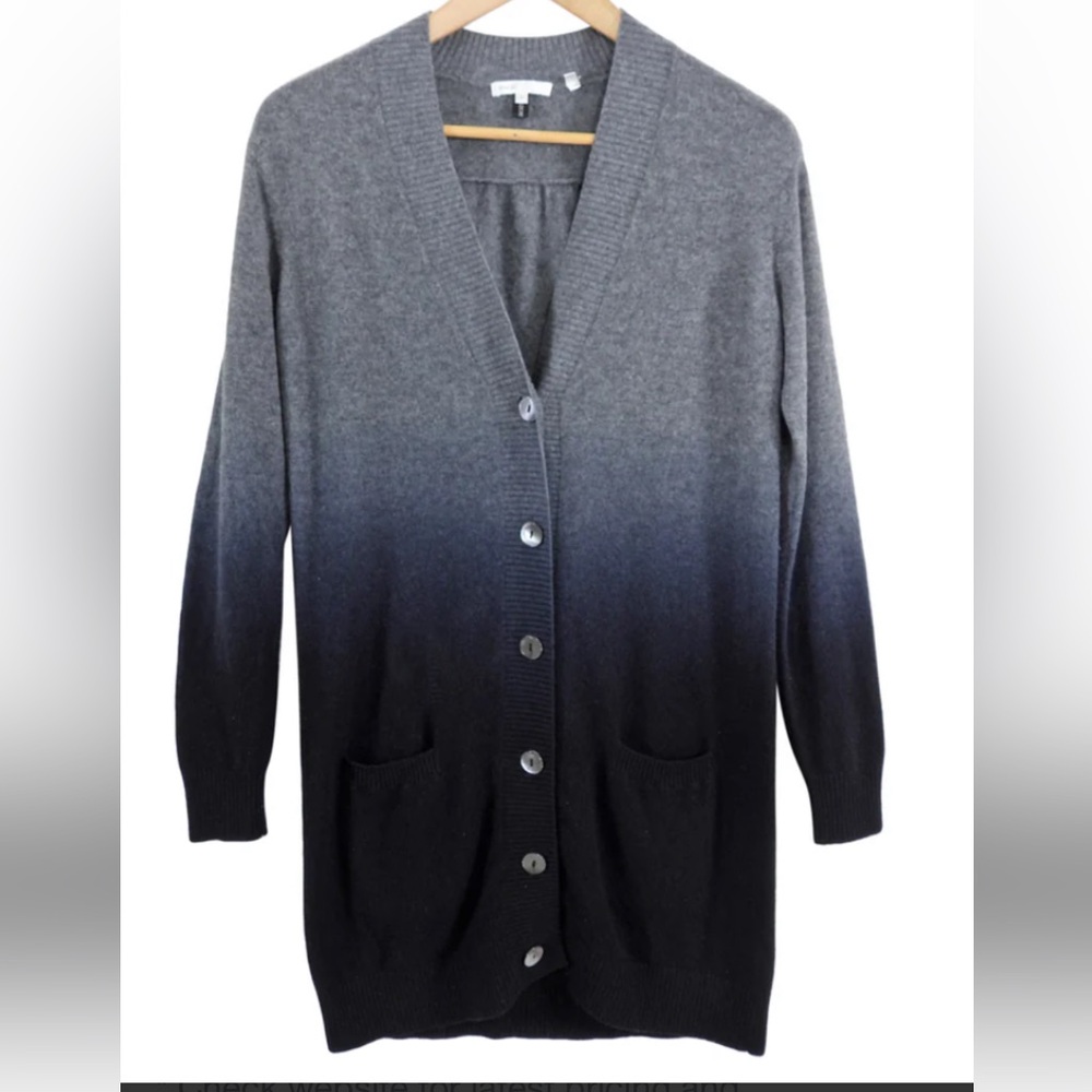VINCE Grey and Black Ombre Dip Dye 100% Cashmere Button Cardigan w/ Pockets S